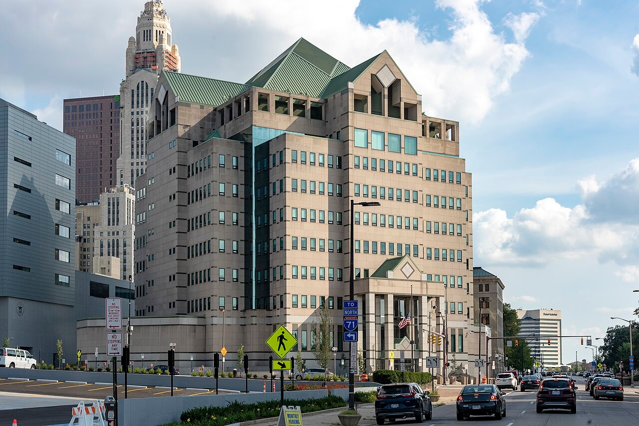 Exterior view of the multi-story Columbus Division of Police Headquarters building in downtown Columbus.