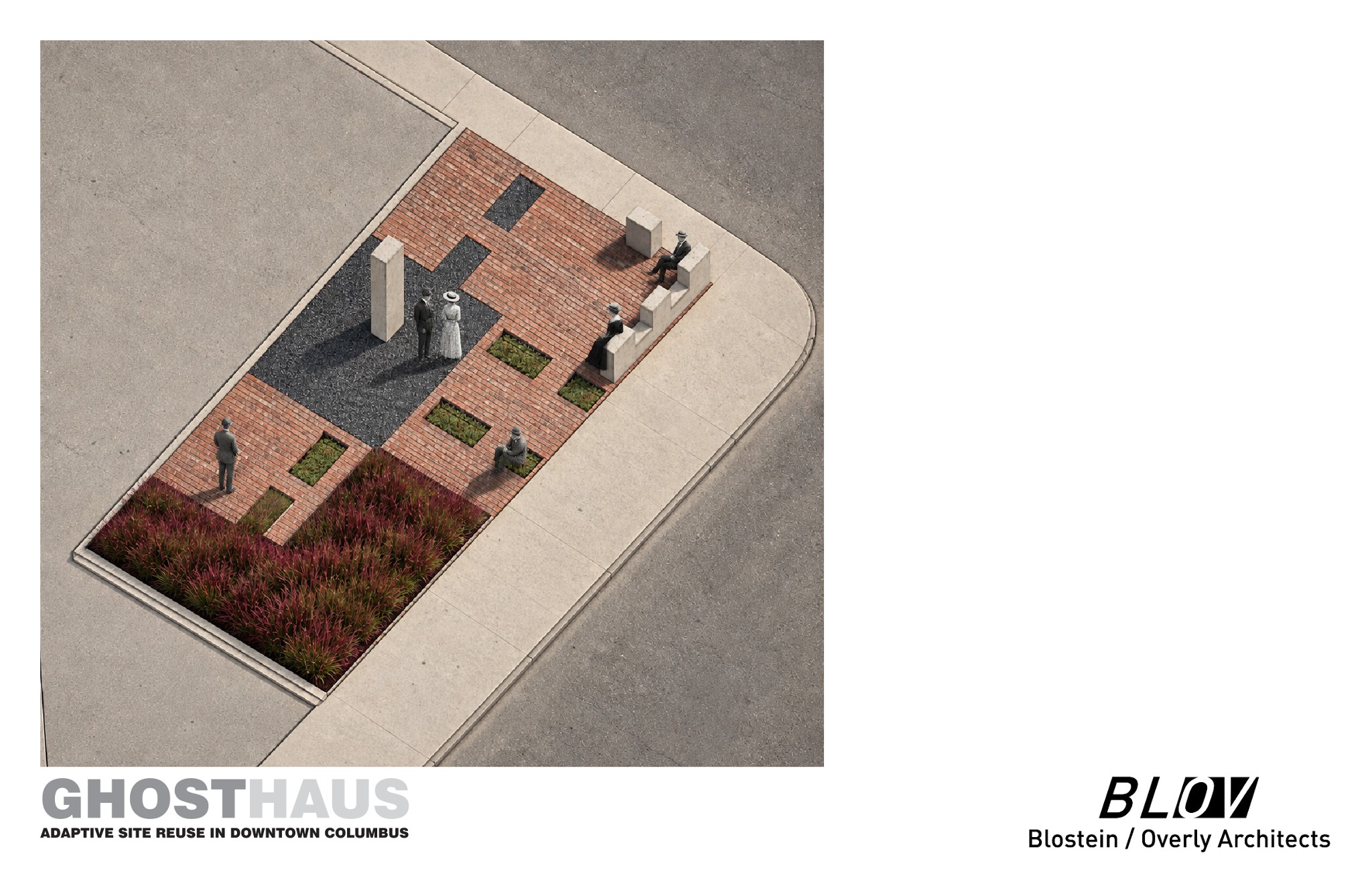 Aerial rendering of a proposed pocket park showing brick pavers, a dark stone footprint, a concrete corner wall, and planting beds.