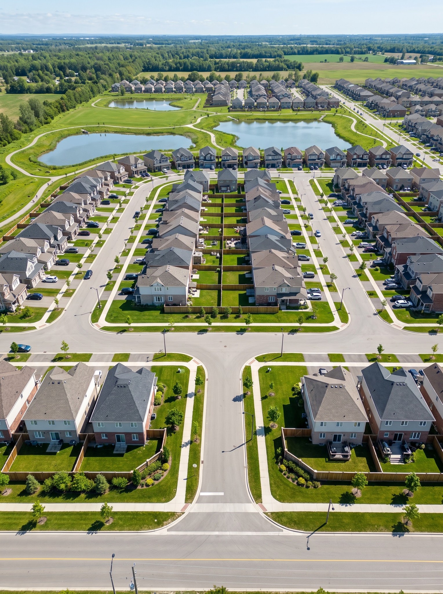 Overhead aerial view of a planned residential subdivision layout with detached single-family homes, interior loop streets, and retention basins.