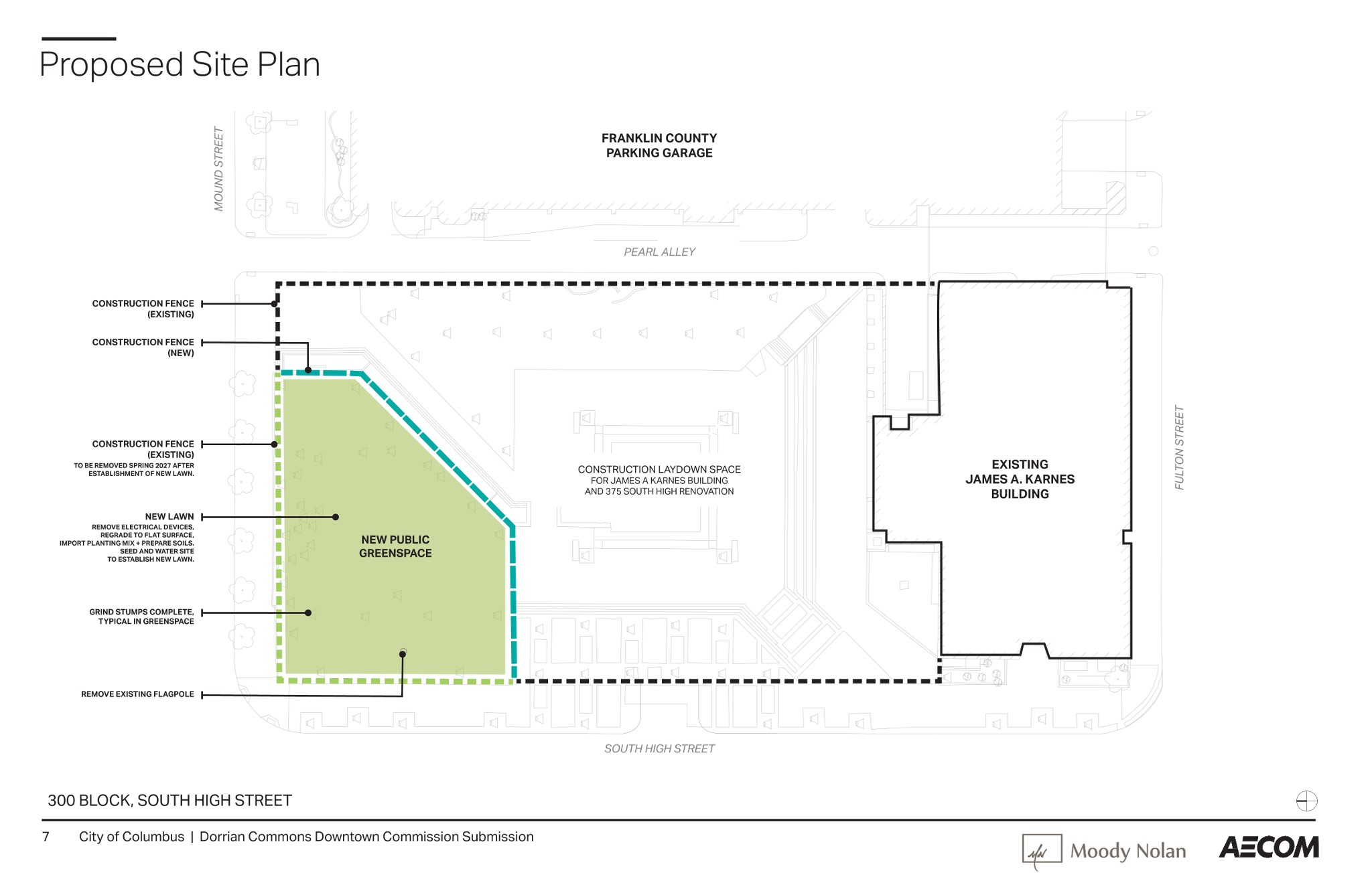Architectural site plan diagram illustrating planned lawn restoration and construction laydown space at Dorrian Commons in downtown Columbus.
