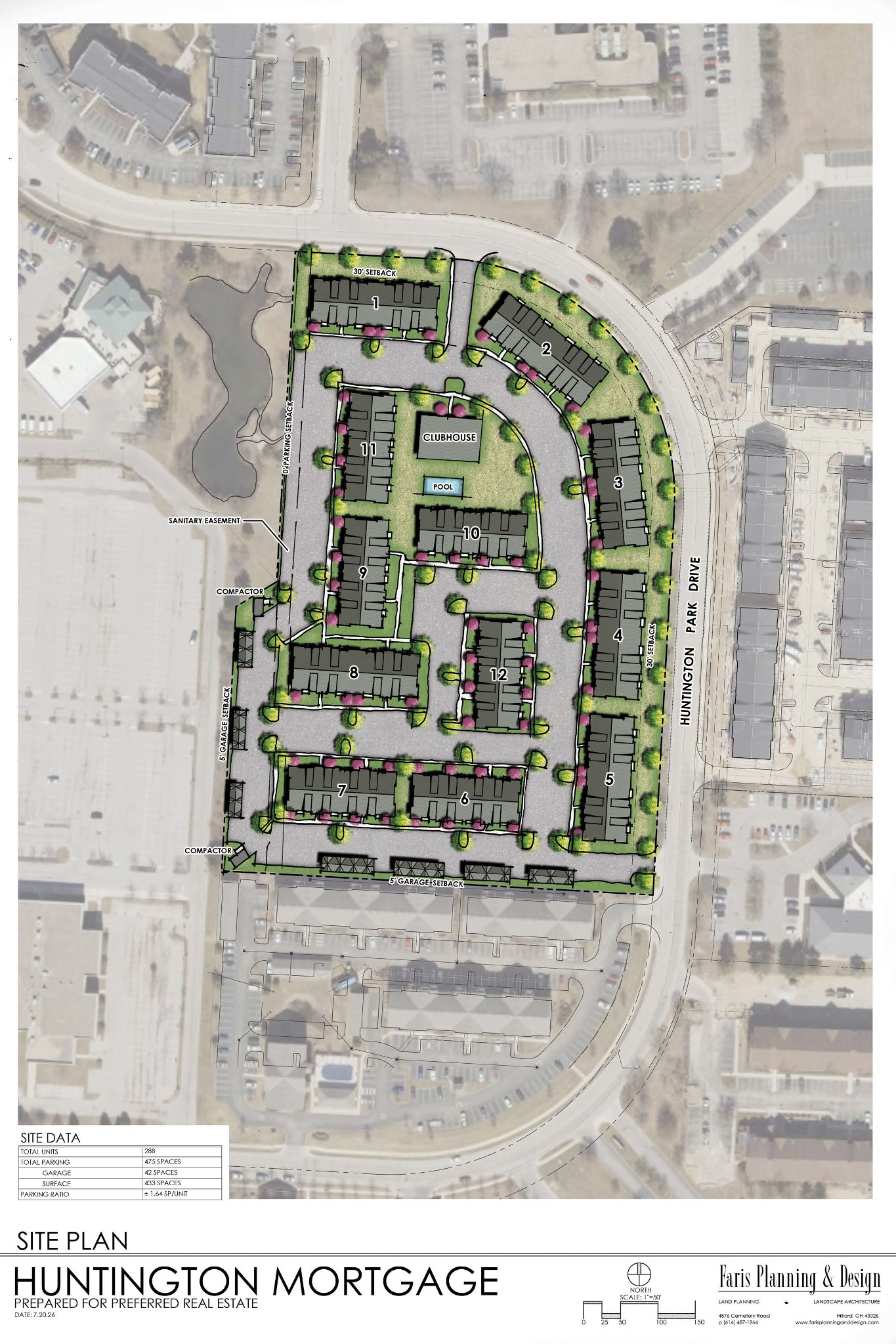 Architectural site plan for 7575 Huntington Park Drive showing residential apartment buildings, surface parking, and roadways.