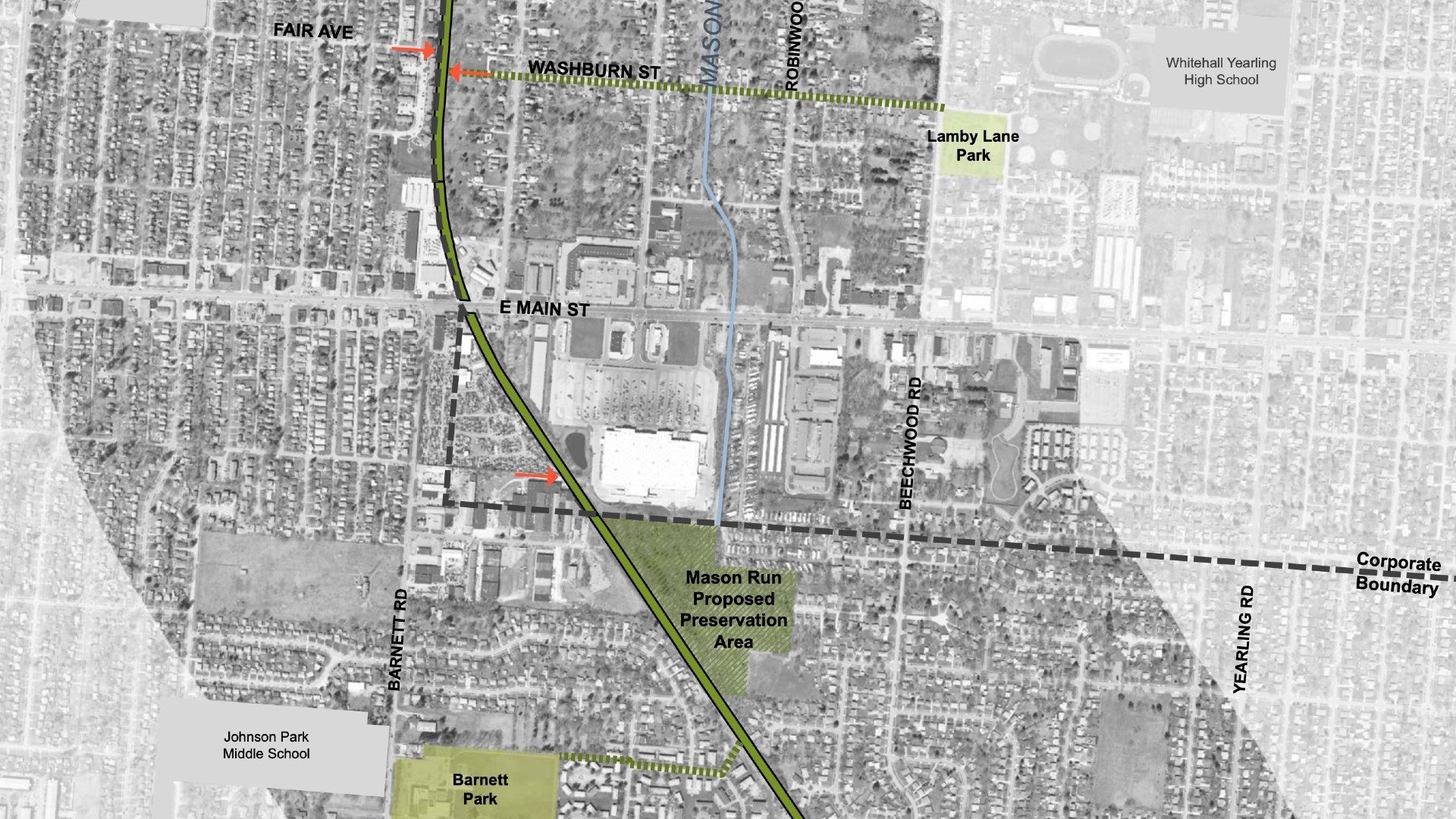 Aerial planning map of the proposed Eastmoor Green Line rail trail crossing East Main Street at the Columbus-Whitehall border.