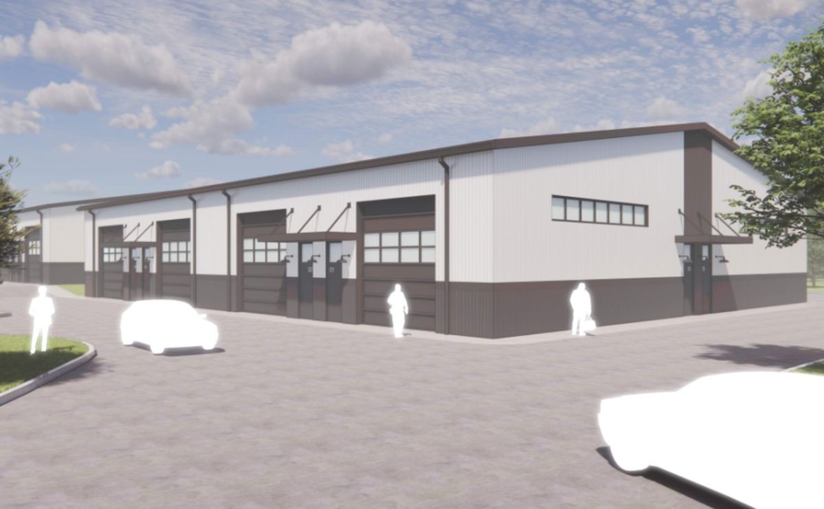 3D computer rendering of an industrial flex building with roll-up garage doors, awnings, and white outline figures in the driveway.