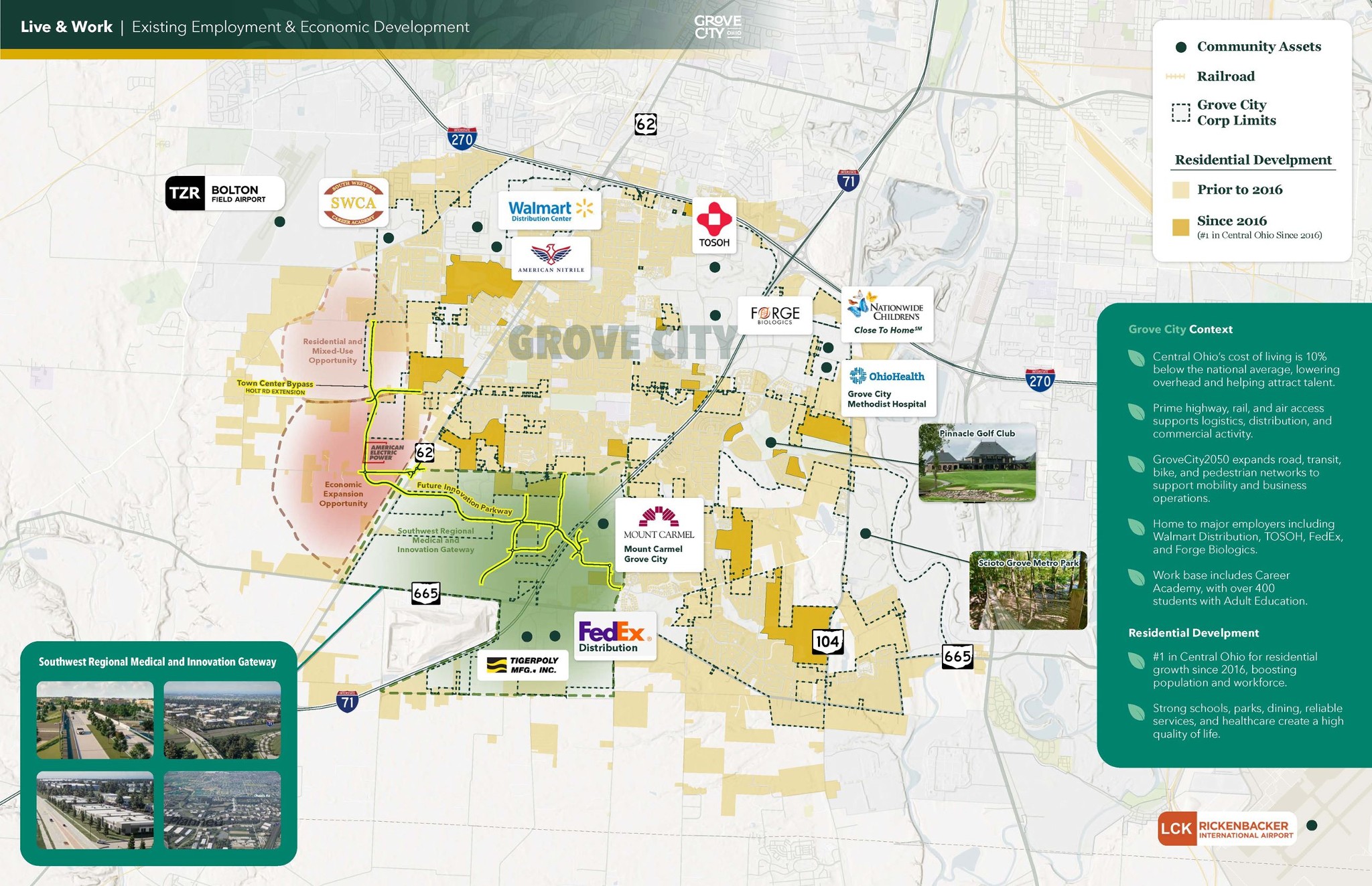 City of Grove City economic development map illustrating major logistics hubs, distribution centers, and corporate limits along transportation corridors.
