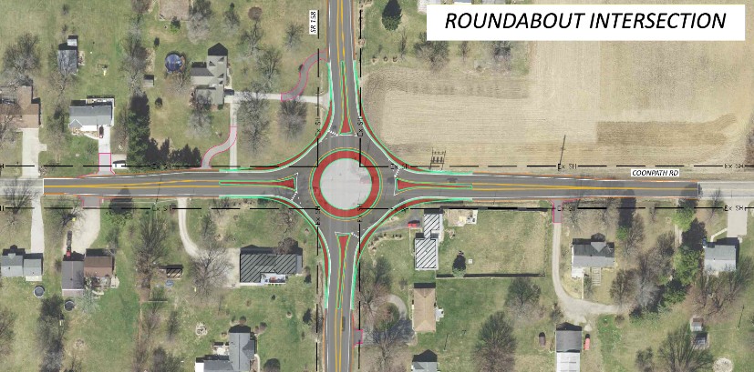 Engineering schematic overlay showing proposed single-lane roundabout design at the intersection of State Route 158 and Coonpath Road.