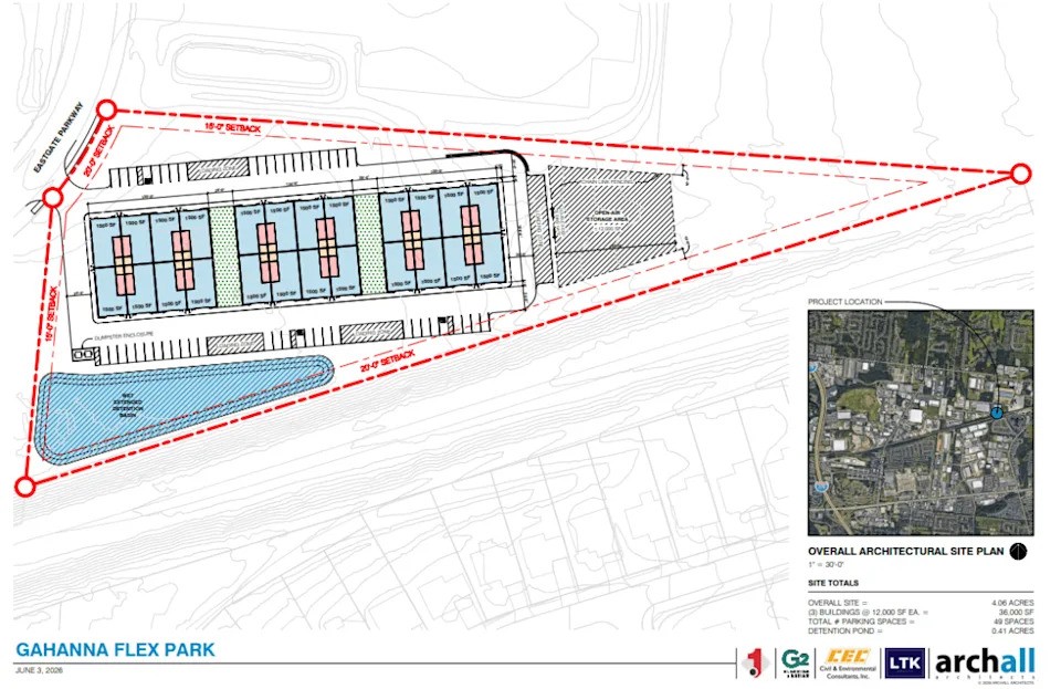 Architectural site plan diagram showing three linear buildings, parking stalls, stormwater detention basin, and property boundary lines.