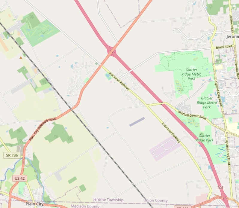 Cartographic street map of Jerome Township in Union County, Ohio, showing US Route 42 / Plain City-Delaware Road intersecting Industrial Parkway.