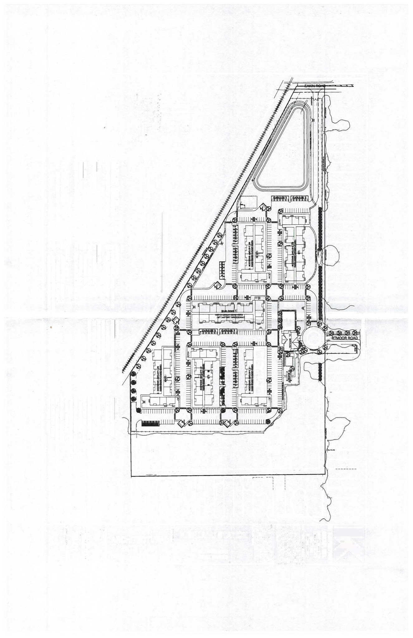 Architectural site plan layout of Highland Station showing six residential buildings, parking areas, retention pond, and road connections along Eakin Road.