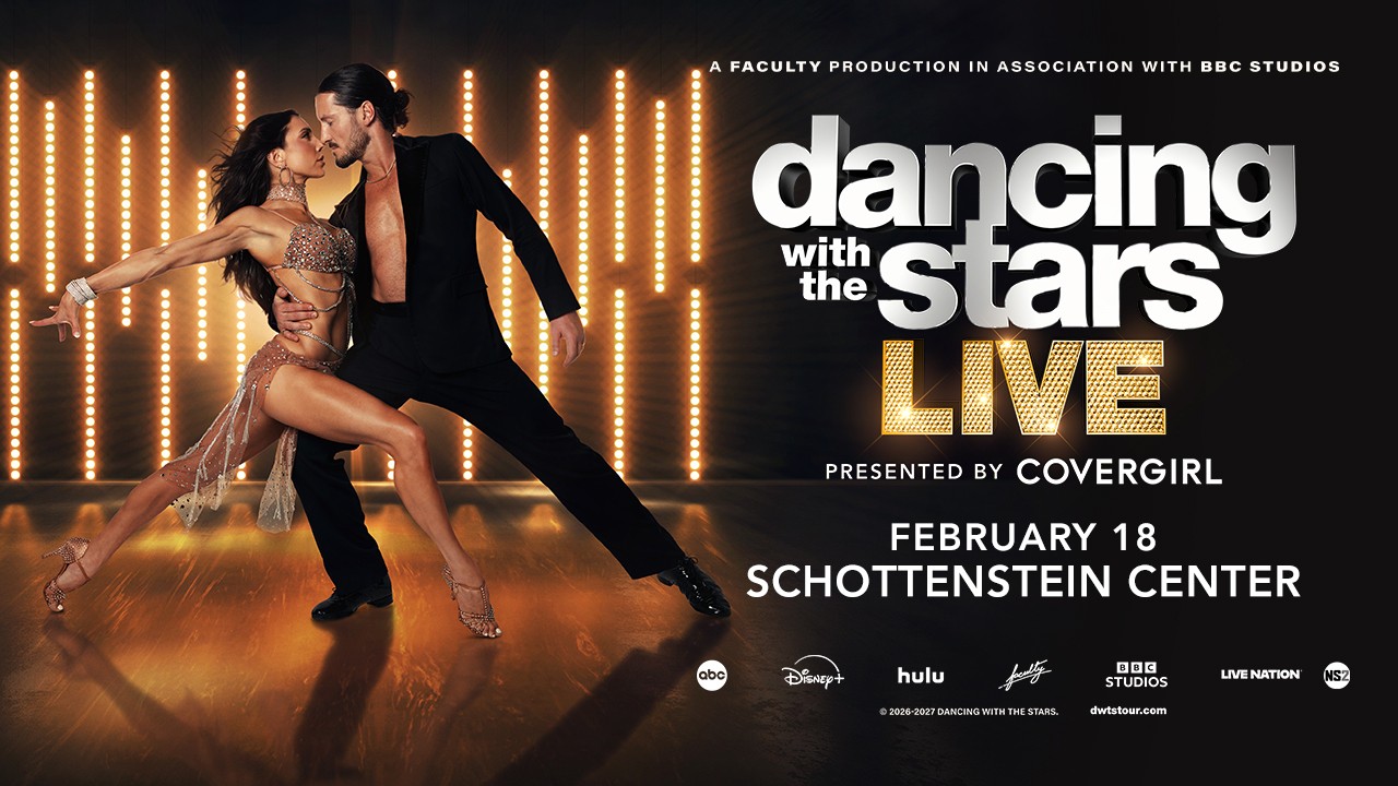 Promotional artwork for Dancing with the Stars: Live! featuring ballroom dancers on stage and text announcing the February 18 show at the Schottenstein Center.