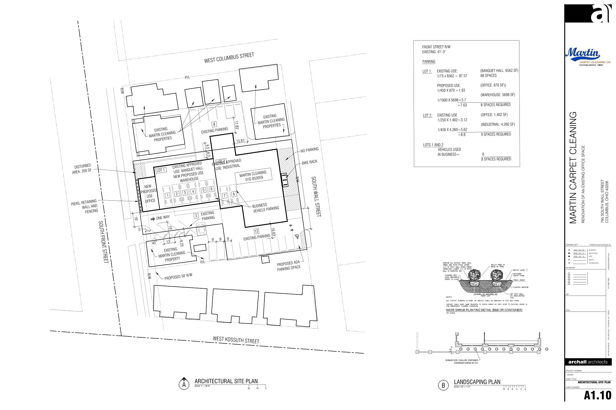 Architectural site plan drawing showing proposed warehouse and office additions, parking layout, and property lines between South Wall Street and South Front Street.
