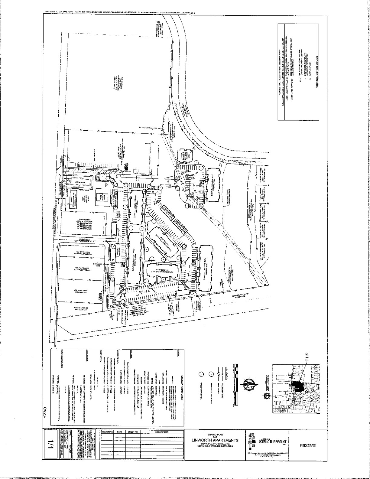 Architectural zoning site plan showing multi-family apartment buildings, parking lots, and a repurposed historic church clubhouse.