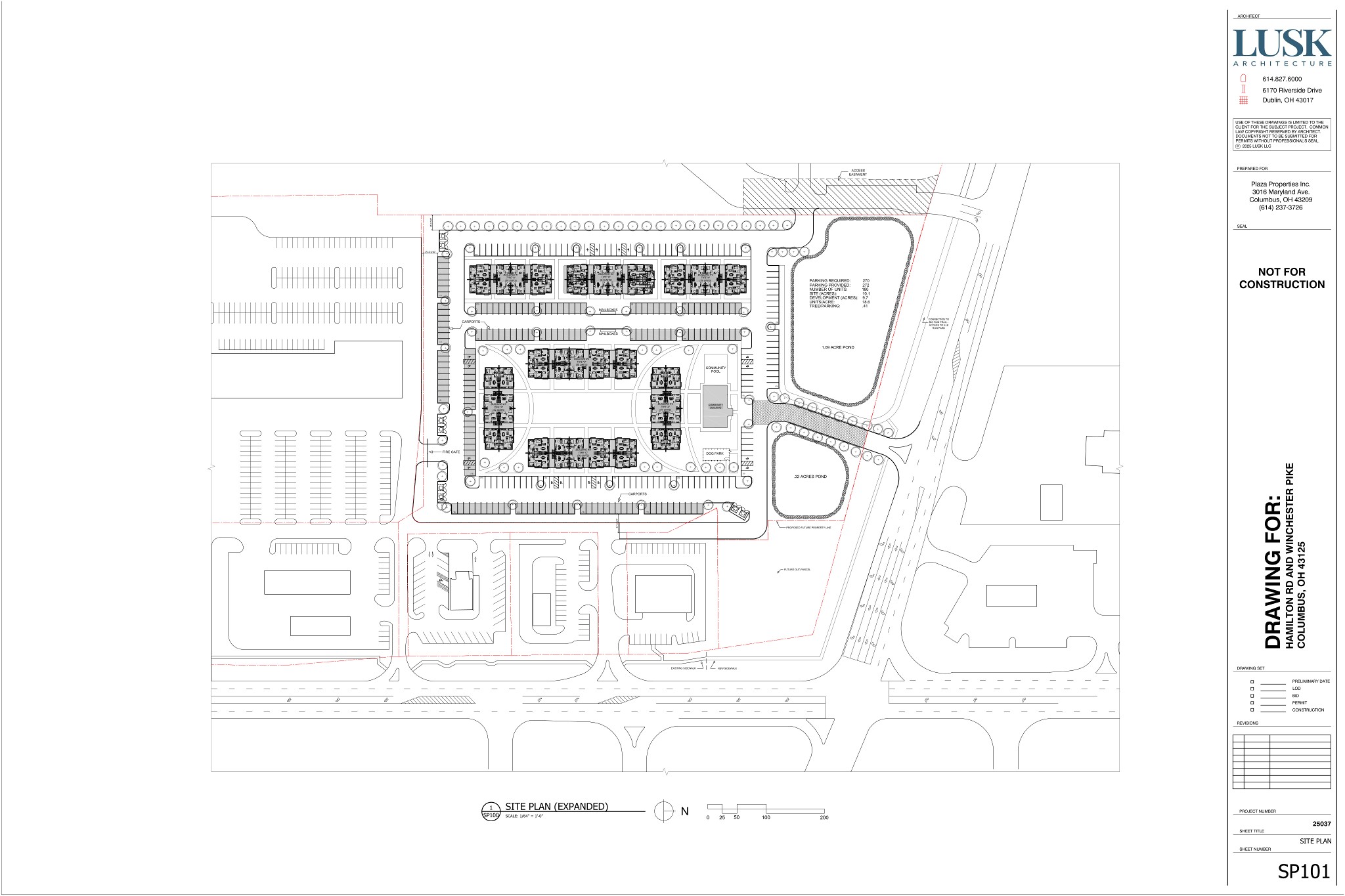 Site plan schematic illustrating seven residential apartment buildings, surface parking lots, two retention ponds, a clubhouse, pool, and trail connection.