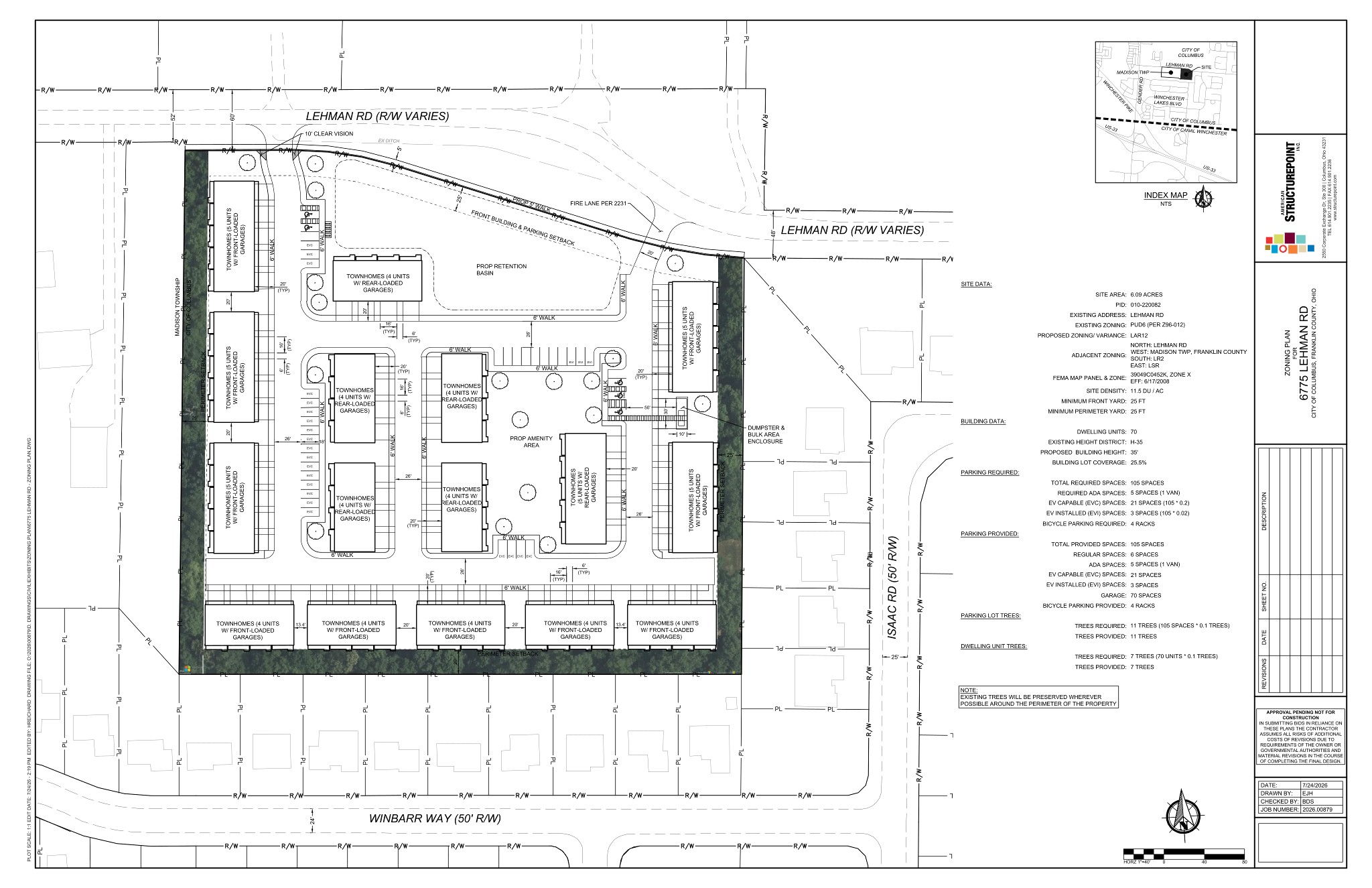 Zoning site plan layout for a proposed residential townhouse development at 6765 Lehman Road in Columbus.