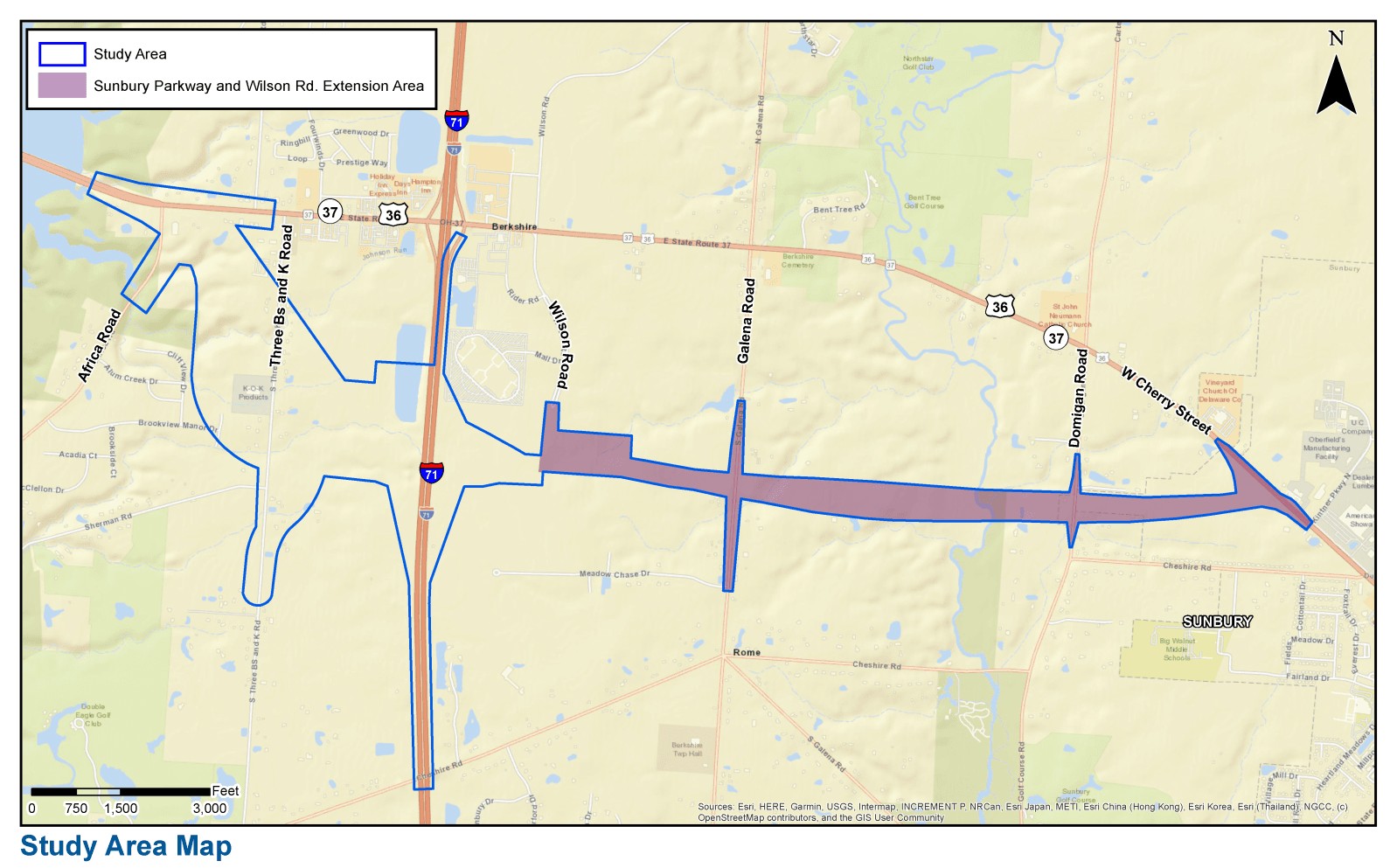 Planning map illustrating the proposed I-71 interchange and the Sunbury Parkway and Wilson Road Extension Area connecting to West Cherry Street in Sunbury, Ohio.
