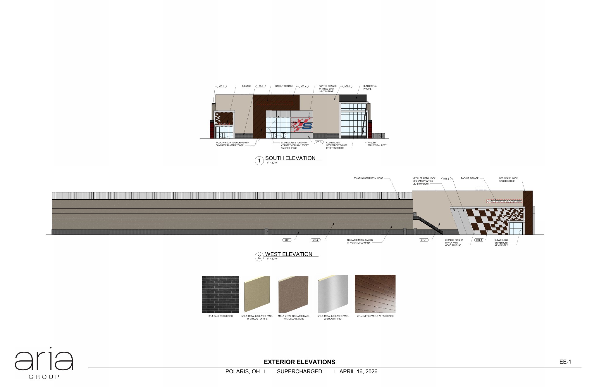 Architectural drawing showing the exterior south and west elevations for the proposed Supercharged Entertainment venue in Polaris.