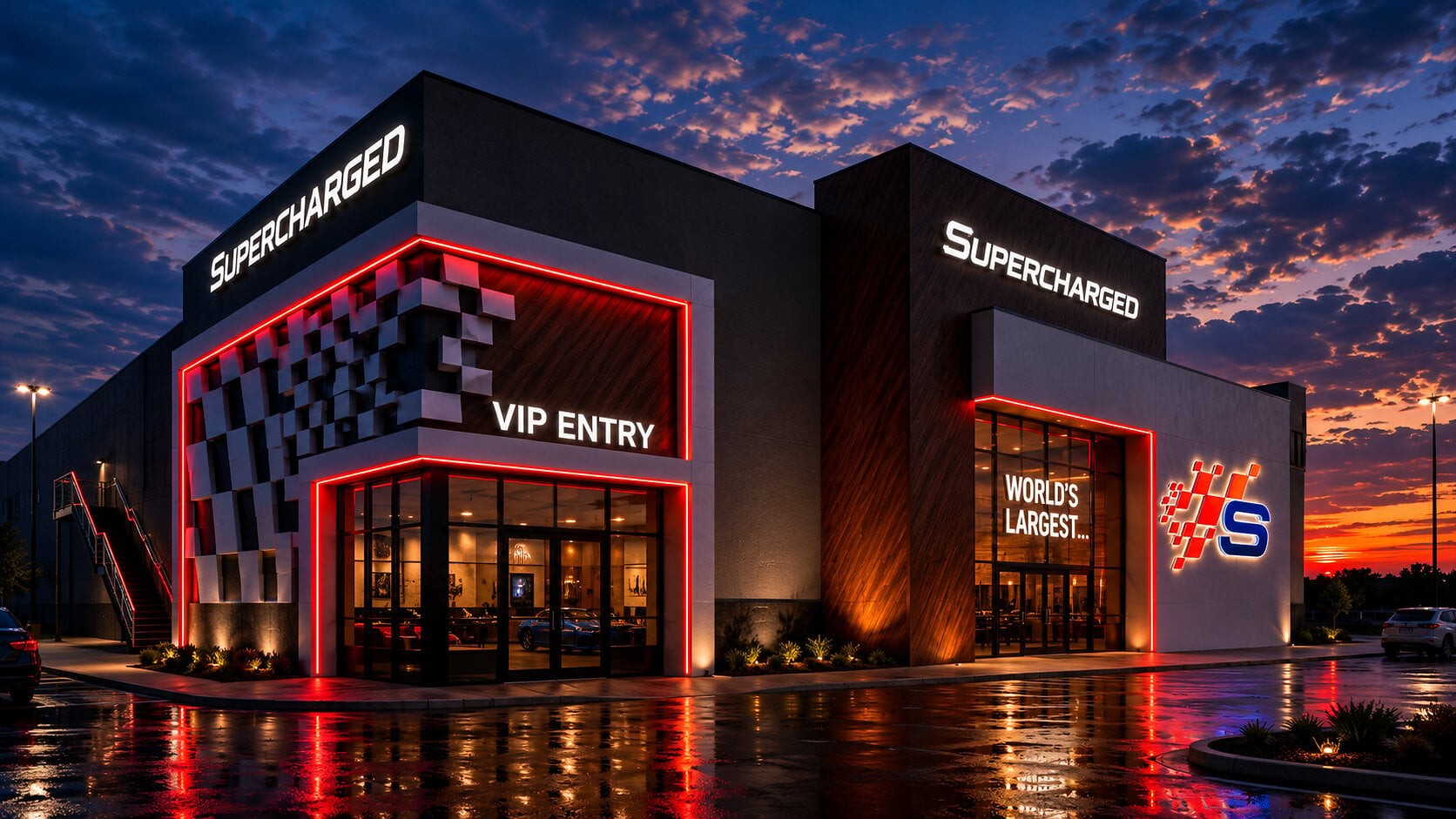 Architectural rendering of the exterior of a Supercharged Entertainment venue at sunset, showing red neon trim, modern paneling, and illuminated signage above glass entry doors.